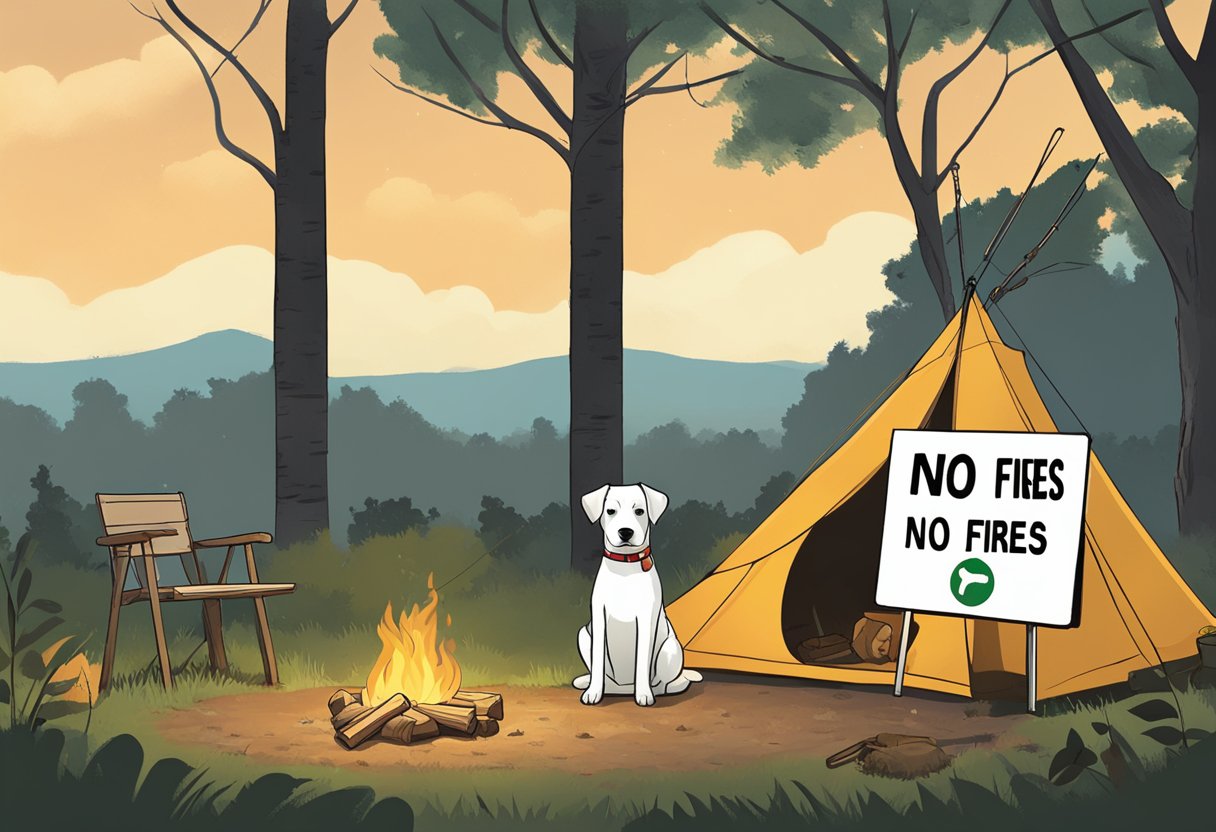 A dog sits beside a campfire, leash tethered to a tree. A "No Fires" sign and dog waste station are nearby. A tent with a "No Pets" sign is in the background