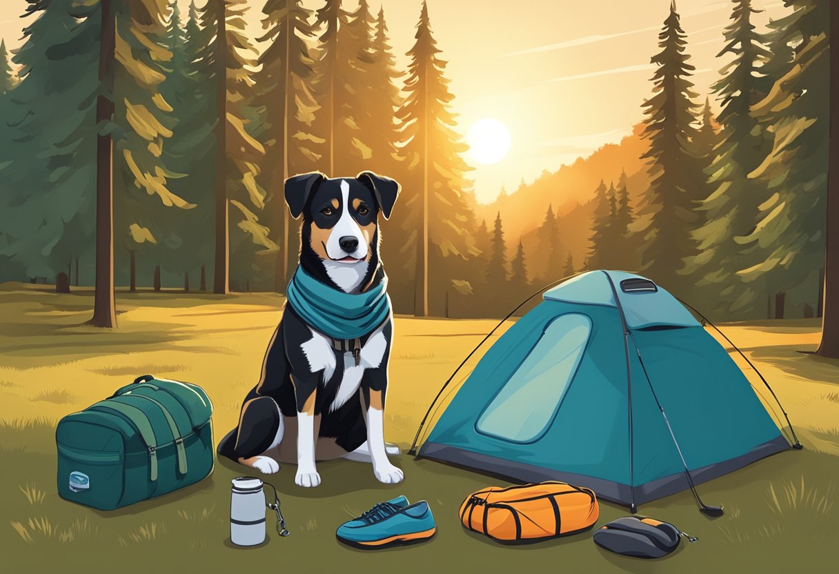 A dog sits beside a packed backpack, leash in mouth. A tent and sleeping bag lay nearby. The sun sets behind a forested campground