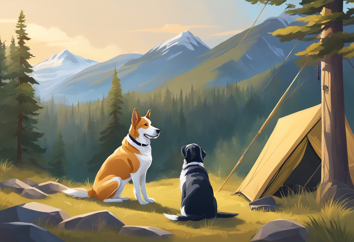 A dog sits by a tent in a pristine wilderness. No litter or disturbance. Trees and mountains in the background